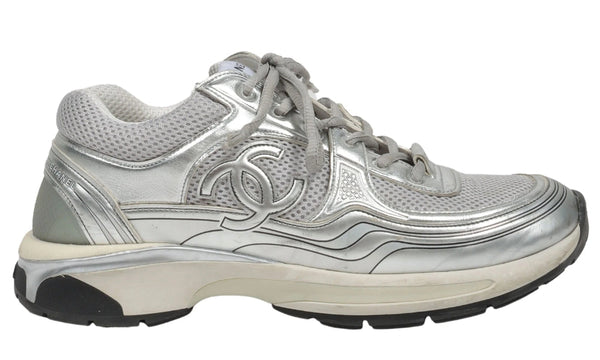 Chanel Fabric & Laminated Light Gray & Silvered Low Top Sneakers