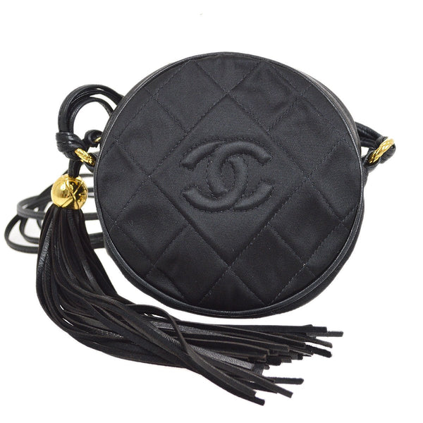 CHANEL 1989-1991 Round Shoulder Bag Black Satin