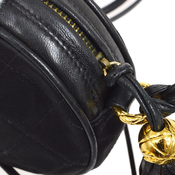 CHANEL 1989-1991 Round Shoulder Bag Black Satin