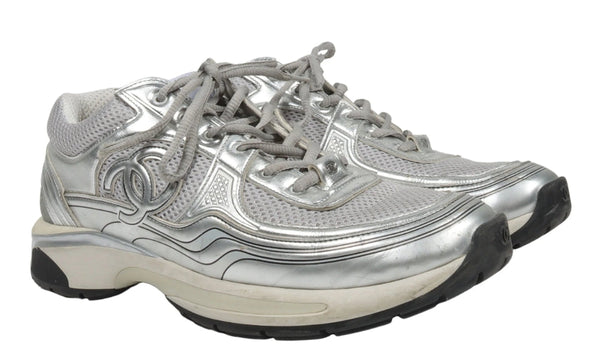 Chanel Fabric & Laminated Light Gray & Silvered Low Top Sneakers
