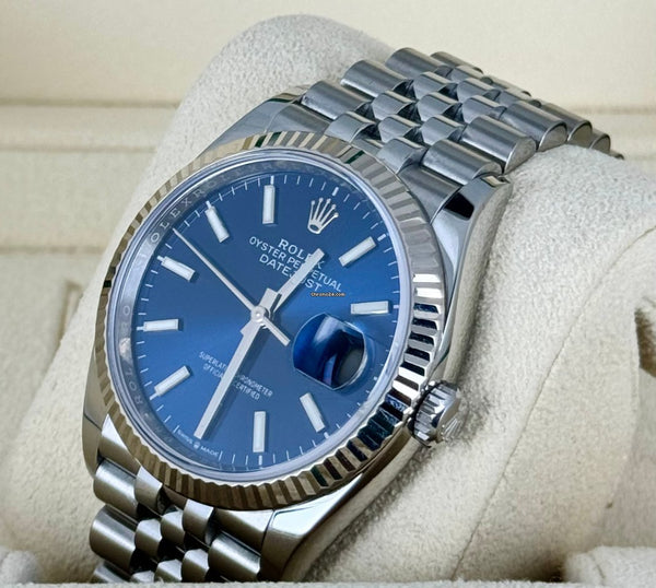 Datejust 36 Blue Stick Dial Jubilee 18K White Gold Bezel