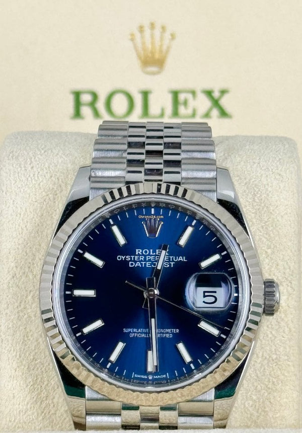 Datejust 36 Blue Stick Dial Jubilee 18K White Gold Bezel