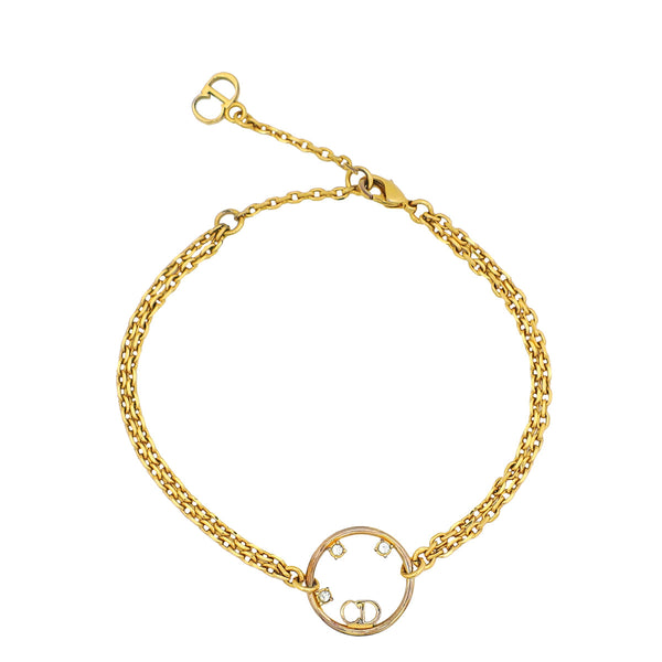 Christian Dior Yellow Gold Finish CD Crystal Station Double Chain Bracelet