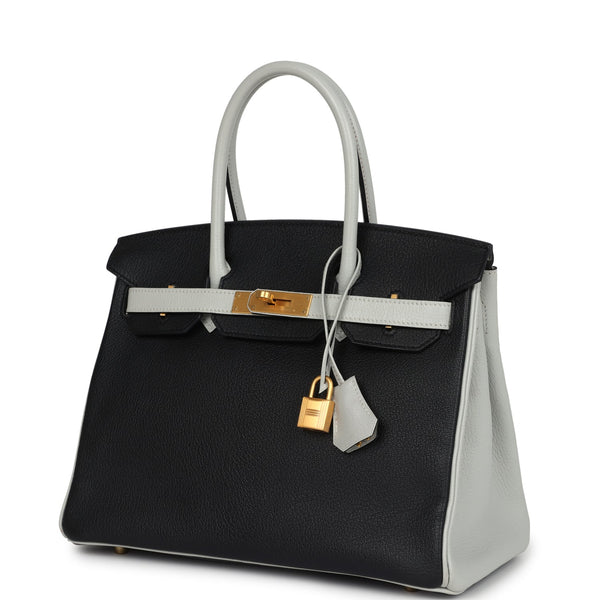 Pre-owned Hermes Special Order (HSS) Birkin 30 Black and Gris Perle Chevre Mysore Brushed Gold Hardware