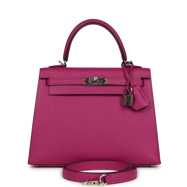Pre-owned Hermes Kelly Sellier 25 Rose Pourpre Epsom Palladium Hardware