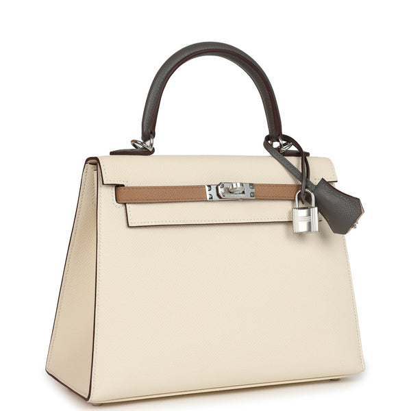 Hermes Kelly Sellier 25 Tri-Color Nata, Gris Meyer and Chai Epsom Palladium Hardware