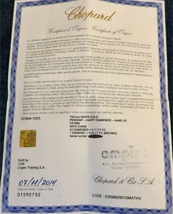 CHOPARD HAMSA FATIMA HAND LUCK HAND FULL SET LIKE NEW