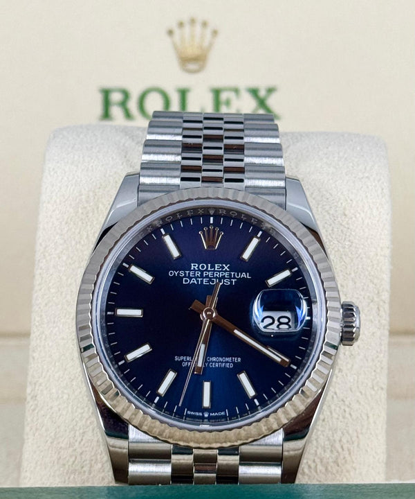Rolex Datejust 36 White Gold Bezel Jubille Blue Stick Dial Full Set
