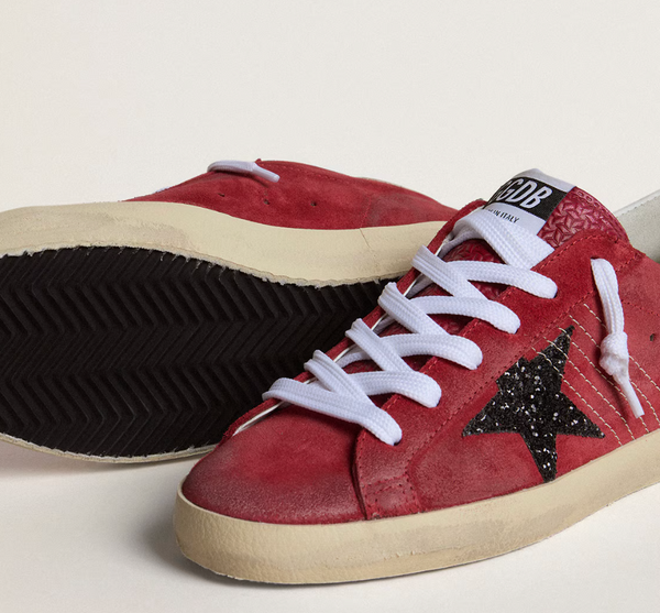Women's Super-Star in red suede with glitter star and white heel tab