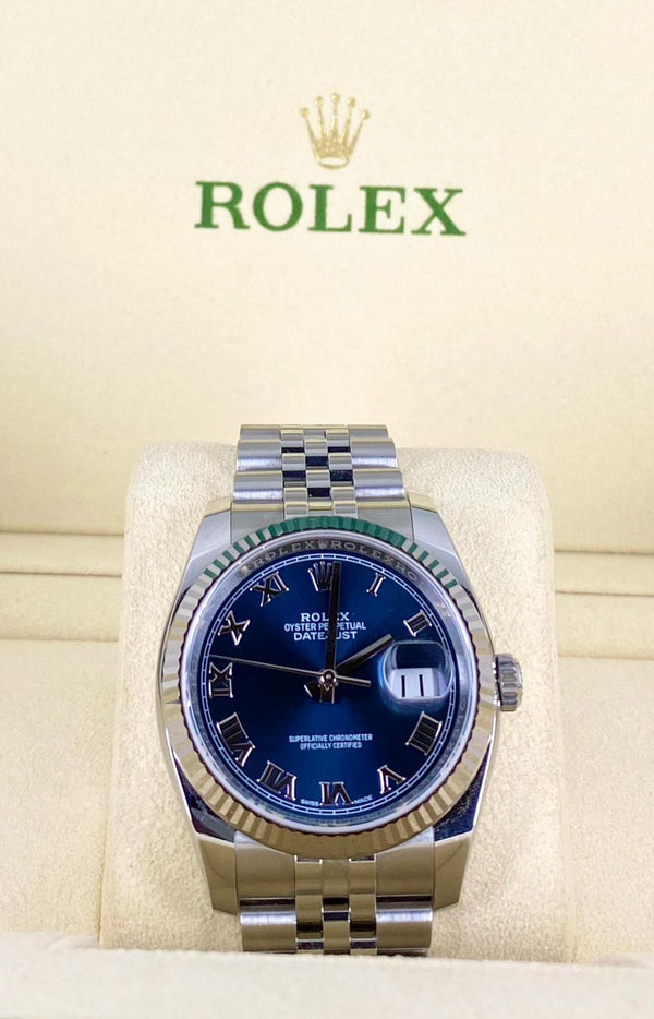 Rolex Datejust 36, Blue Dial, Roman Numerals, With box and papers