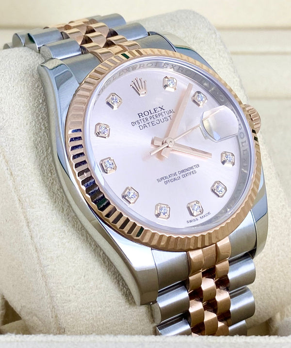 Rolex Datejust 36, Two Tone Rose Gold, Full set, Diamonds