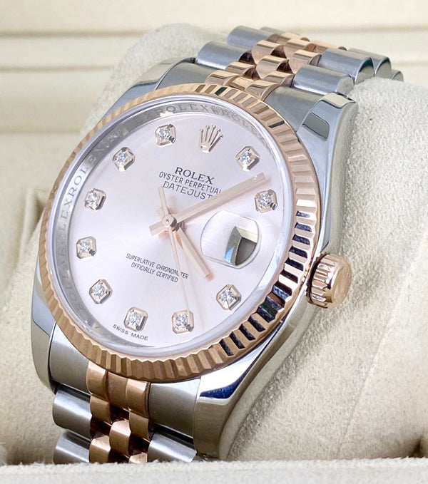 Rolex Datejust 36, Two Tone Rose Gold, Full set, Diamonds
