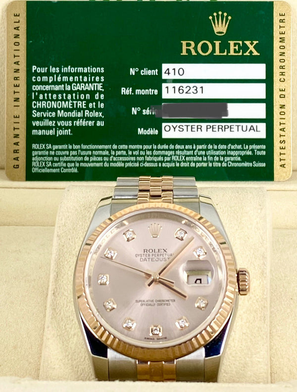Rolex Datejust 36, Two Tone Rose Gold, Full set, Diamonds