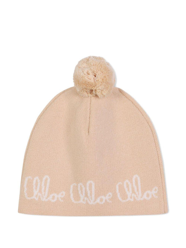 Berretto per bambina Chloé Kids beige con logo ricamato