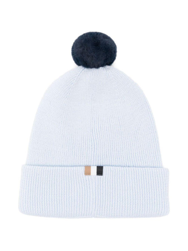 Berretto per neonato Boss Kids azzurro con pompon in maglia