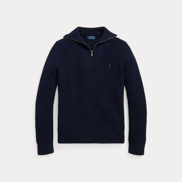 WAFFLE WOOL-COTTON QUARTER-ZIP SWEATER