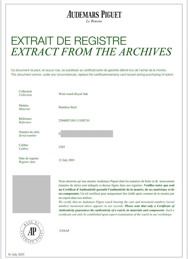 Audemars Piguet Royal Oak Chronograph Kasparov 39 mm Blue Dial After Service with Archive Papers 25860 ST