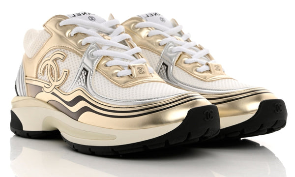 Chanel Fabric & Laminated White, Gold & Silver Low Top Sneakers
