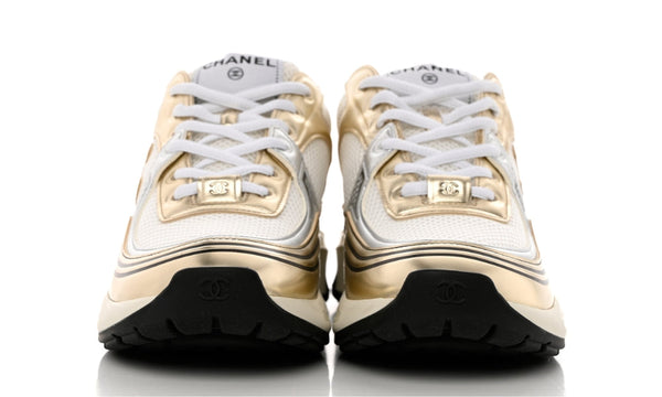 Chanel Fabric & Laminated White, Gold & Silver Low Top Sneakers