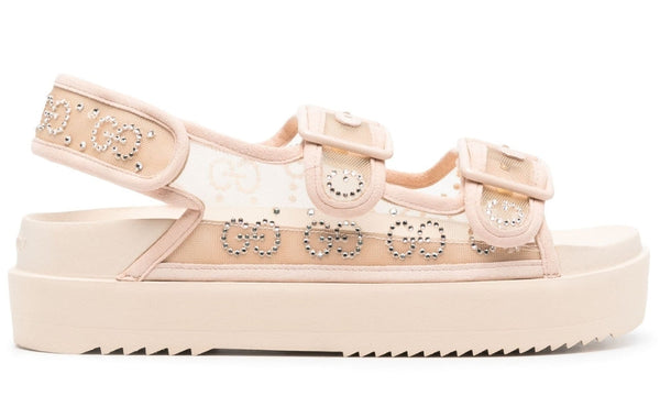 Gucci crystal-embellished monogram-pattern sandals "Blush Beige" 