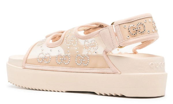 Gucci crystal-embellished monogram-pattern sandals "Blush Beige" 