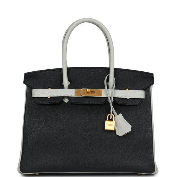 Pre-owned Hermes Special Order (HSS) Birkin 30 Black and Gris Perle Chevre Mysore Brushed Gold Hardware