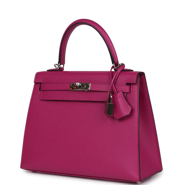 Pre-owned Hermes Kelly Sellier 25 Rose Pourpre Epsom Palladium Hardware