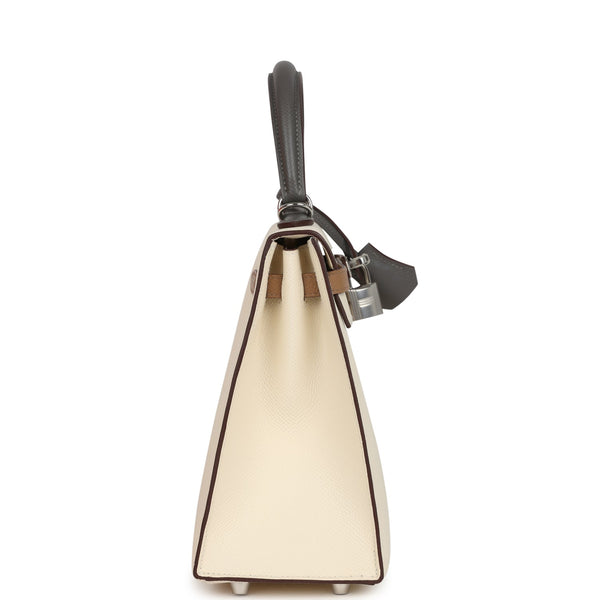 Hermes Kelly Sellier 25 Tri-Color Nata, Gris Meyer and Chai Epsom Palladium Hardware