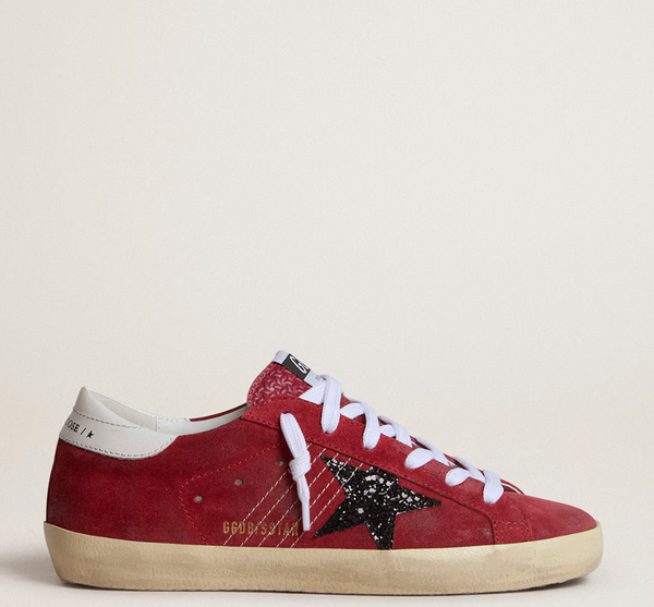 Women's Super-Star in red suede with glitter star and white heel tab