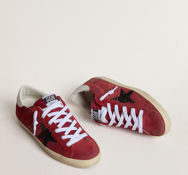 Women's Super-Star in red suede with glitter star and white heel tab