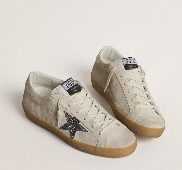 Super-Star Donna in suede grigio ghiaccio con stella in glitter argento e talloncino in pelle