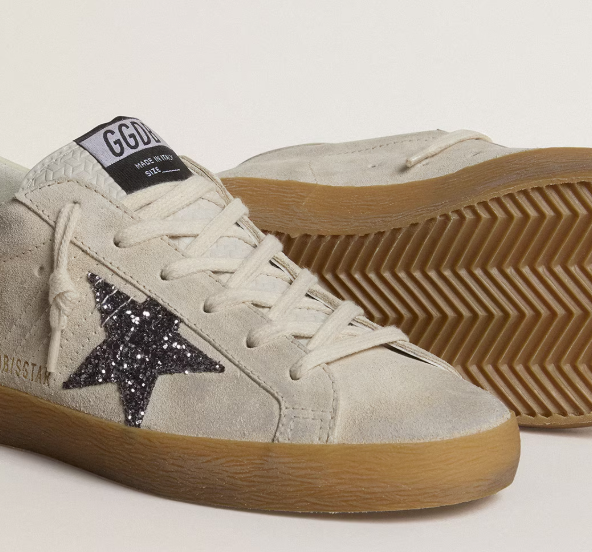 Super-Star Donna in suede grigio ghiaccio con stella in glitter argento e talloncino in pelle