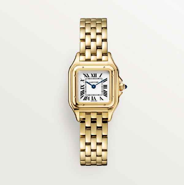 Cartier PanthÃ¨re SM 750 Yellow Gold â€“ Classic White Dial with Blue Sapphire Crown