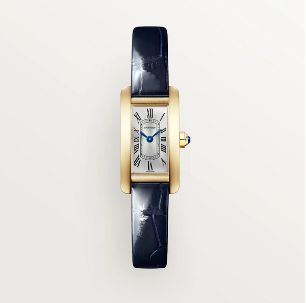 Cartier Tank AmÃ©ricaine Mini Watch â€“ 750 Yellow Gold, Quartz, Marine Blue Alligator Strap, Silver Sunray Dial