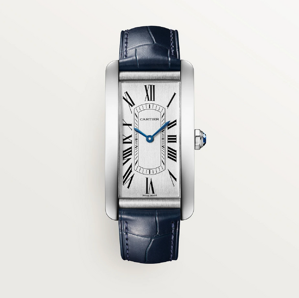 Cartier Tank AmÃ©ricaine Large â€“ Automatic Stainless Steel, Silver Dial, Blue Leather