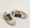 Ball Star in suede beige con stella in pelle rossa e talloncino in pelle laminata color bronzo metallizzato