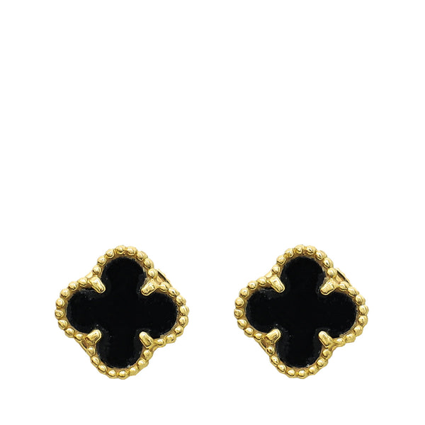 Van Cleef & Arpels 18K Yellow Gold Onyx Sweet Alhambra Stud Earrings