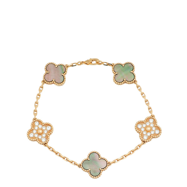 Van Cleef & Arpels 18K Rose Gold 5 Motifs Diamond Vintage Alhambra Bracelet
