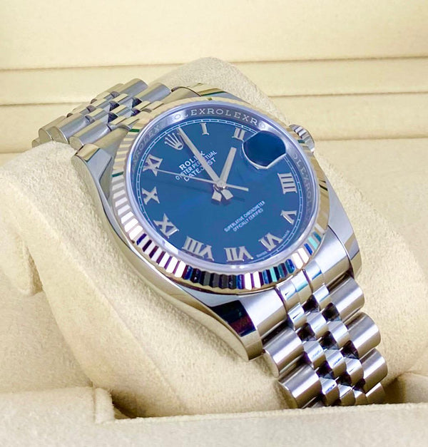 Rolex Datejust 36, Blue Dial, Roman Numerals, With box and papers