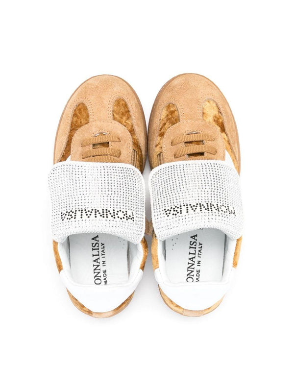 Sneakers per bambina Monnalisa marrone con logo di strass