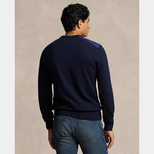 CONTRAST-PANEL WOOL CREWNECK SWEATER 