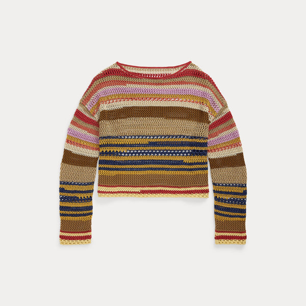 STRIPED LINEN-COTTON CROCHETED SWEATER