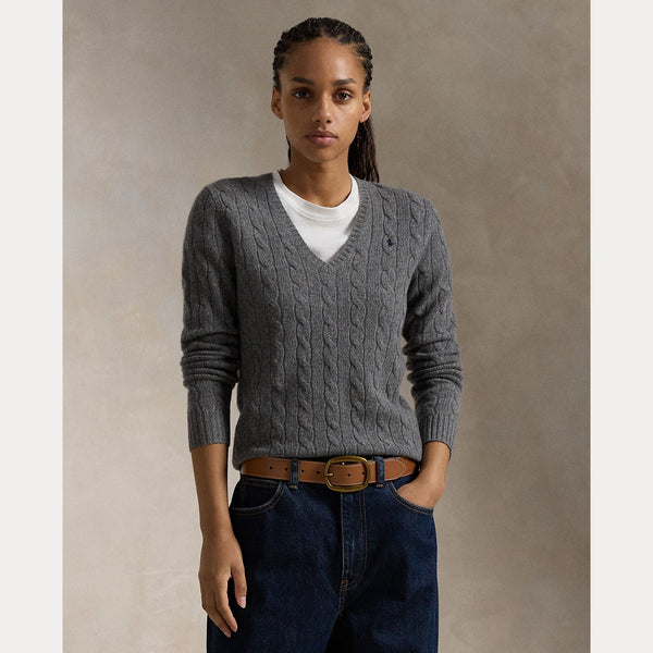 CABLE-KNIT WOOL-CASHMERE V-NECK SWEATER 