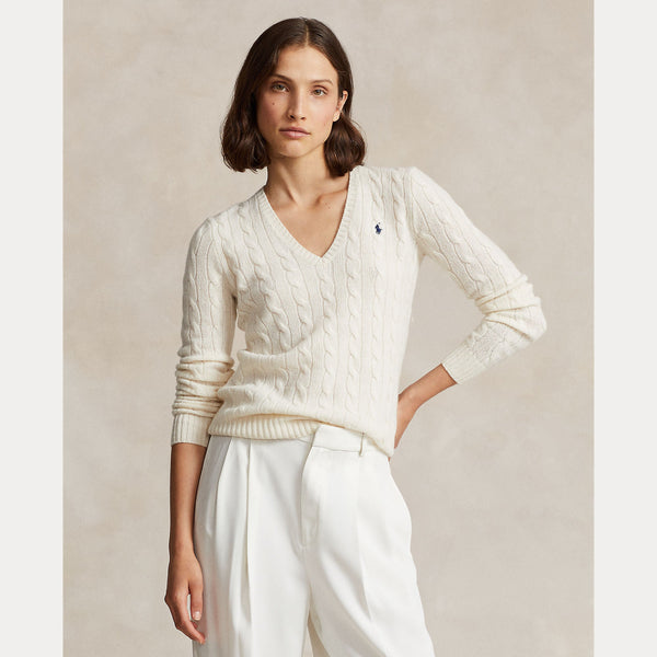 CABLE-KNIT WOOL-CASHMERE V-NECK SWEATER 